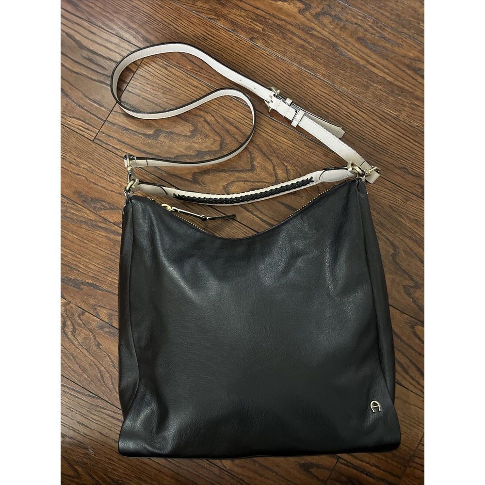 Etienne Aigner Medium Shoulder CROSSBODY Handbag Black Light Beige Handle EUC